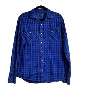 Western Pearl Snap Shirt Blue Check Plaid Long Sleeve Age of Wisdom Shirt Size L
